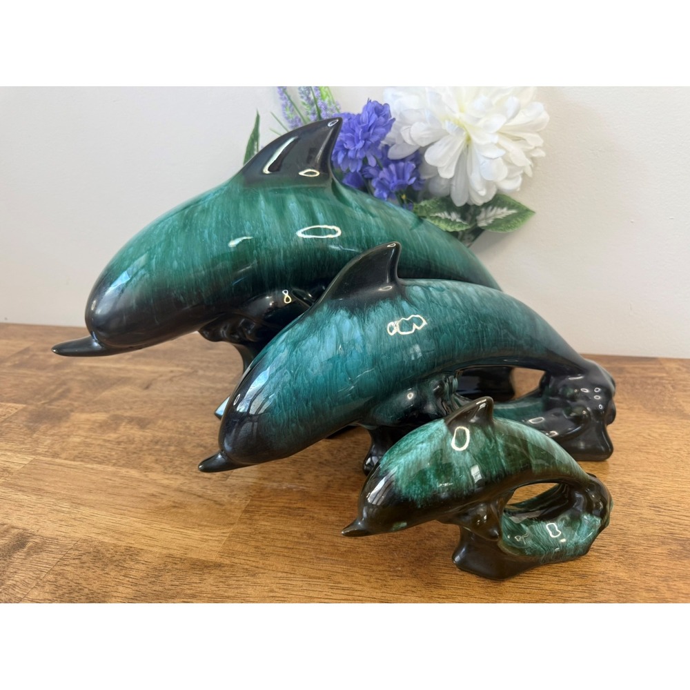 Vintage Blue Mountain‎ Pottery Dolphin Figurines Green Drip Glaze Set Canadian
